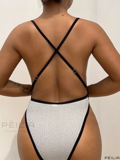 Peilia - Womens Hollow Out Contrast Trim Monokini One-piece Swimsuit, with Cross Back Design and Spaghetti Straps, featuring High Cut and Scoop Neck, ideal for Beachwear and Swimwear Back Design, Monokini, Contrast Trim, High Cut, One Piece Swimsuit, Spaghetti Strap, Collar Styles, Scoop Neck, Spaghetti