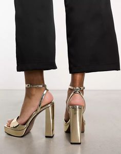 ASOS DESIGN Noun platform barely there heeled sandals in gold | ASOS Gold Trend, Gold Shop, Block Heel Sandals, Block Heels Sandal, Heeled Sandals, Heel Sandals, Block Heels, Sandals Heels, Asos