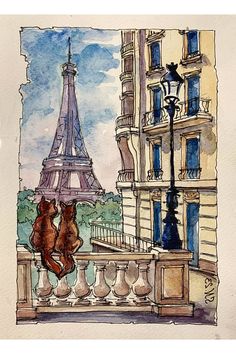 a painting of two cats sitting on a balcony looking at the eiffel tower