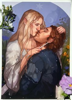 a painting of a man kissing a woman on the forehead with flowers in the background