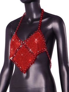 Red rhinestone embellished top. Glamorous Bedazzled Fitted Tops, Glamorous Fitted Bedazzled Tops, Red Embellished Fitted Tops, Bedazzled Fitted Top For Night Out, Glamorous Red Sequin Top, Crystal Embellished Tops For Night Out In Summer, Bedazzled Fitted Tops For Party, Glamorous Bedazzled Party Tops, Fitted Bedazzled Tops For Party