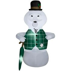 an inflatable snowman wearing a green vest and hat