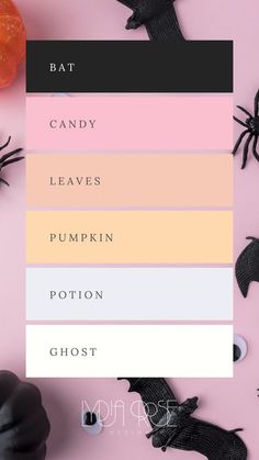 halloween candy and decorations on a pink background with text that reads bat candy leaves pumpkin potion ghost