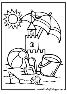 a black and white drawing of a beach scene with sandcastles, umbrellas and sun