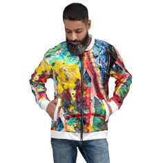 my original bright colorful abstract acrylic paint mixed media collage contemporary modern pop art printed  *  *  * Add a little zing to your wardrobe with this vibrant All-Over Print Bomber Jacket. Wear it on a basic t-shirt, or layer it on top of a warm hoodie--it'll look great either way. With a brushed fleece inside, and a relaxed unisex fit, this Bomber Jacket is just the stuff of the dreams, so be quick to grab yourself one! * 100% polyester * Fabric weight: 6.49 oz/yd² (220 g/m weight may vary by 5% * Brushed fleece fabric inside * Unisex fit * Overlock seams * Sturdy neck tape * Silver YKK zipper * 2 self-fabric pockets * Blank product components sourced from the US and China Urban Multicolor Outerwear With Graphic Print, Multicolor Graphic Print Hooded Outerwear, Pop Art Canvas, Modern Pop Art, Pop Art Print, Abstract Painting Acrylic, Mixed Media Collage, Fleece Fabric, Looks Great