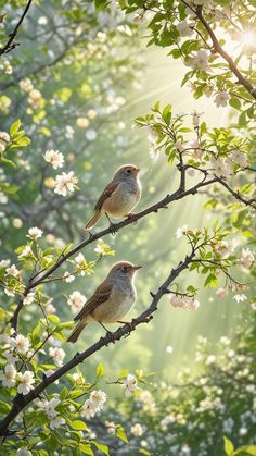 two birds perched on the branch of a tree with white flowers and sunlight shining through the leaves