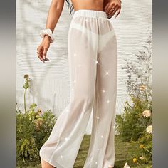 Brand New Never Worn. Metallic Thread , Sheer Sheer Trousers Bottoms For Spring, Sheer Trousers For Spring, Sheer Summer Pants, Chic Sheer White Bottoms, Chic White Sheer Bottoms, High Waist Sheer Pants For Spring, Sheer High Waist Pants For Spring, Spring High Waist Sheer Pants, Sheer Wide Leg Summer Pants