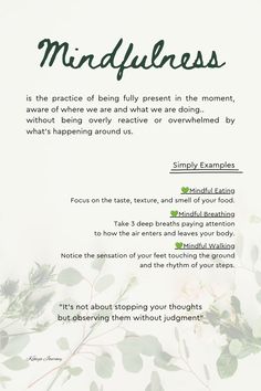 an advertisement with the words mindfulness written in green and black ink on white paper