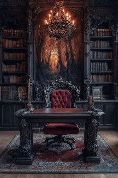 an ornate desk with a red chair and chandelier in front of bookshelves