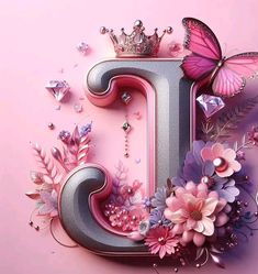 the letter j is surrounded by flowers and butterflies, including a tiara on top