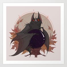 a drawing of a bat with red eyes sitting in front of a moon and stars