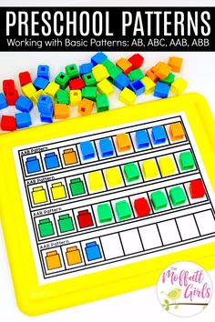 a yellow tray filled with lego blocks and the words preschool patterns working with basic patterns