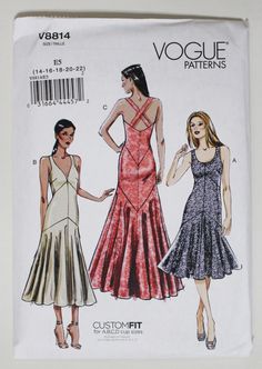 two women's dresses and one woman's dress are shown in this sewing pattern