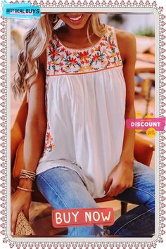 Floral-print Sleeveless Crew Neck Casual Shirts & Tops Casual Printed Sleeveless Vest, Printed Sleeveless Casual Tank Top, Casual Printed Sleeveless Tank Top, Casual Printed Spring Vest, Casual Sleeveless Printed Tops, White Tank Tops For Summer, White Graphic Print Blouse For Beach, White Graphic Print Beach Blouse, Spring Printed Tank Tops