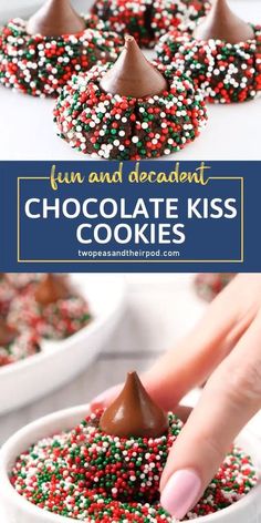 chocolate kiss cookies with sprinkles in a white bowl and on the table