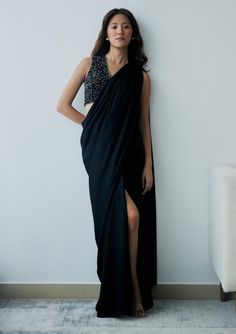 Lavanya Ahuja-Midnight Black Knot Drape Sari And Blouse-INDIASPOPUP.COM Black Draped Georgette Saree, Black Georgette Draped Saree, Evening Party Wear Pre-draped Sleeveless Saree, Pre-draped Side Open Saree For Party, Black Draped Saree With Sheer Dupatta, Black Bollywood Style Pre-draped Saree, Black Bollywood Pre-draped Saree, Black Pre-draped Saree With Sequins, Black Pre-draped Party Saree