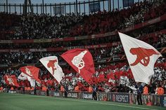 several flags are flying in the air at a soccer game