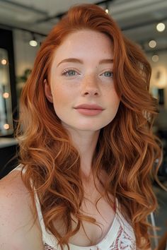 Red-haired woman with freckles, wavy hair, and minimal makeup looking confidently at the camera in a well-lit setting. Dark Auburn Hair