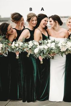 a group of women standing next to each other wearing green dresses and holding bouquets