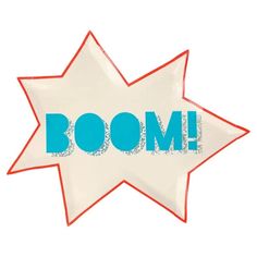 the word boom written in blue and red on a star shaped balloon that says boom