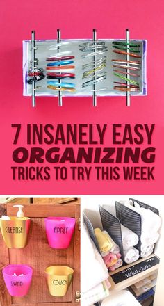 an organized closet with pink walls and white drawers is featured in the article, 7 insanely easy organizing tricks to try this week