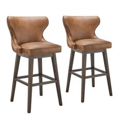 pair of brown leather bar stools with nail - tipped backrests on white background