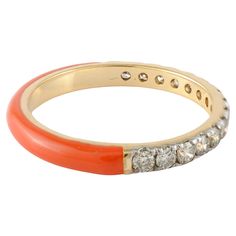 Chic Orange Enamel Diamond Stacking Ring in 14k Gold. A fun, colorful, and personalized addition to your ring stack! Stay on trend by adding these flamboyant enamel pieces and give yourself a fresh look! April birthstone diamond brings love, fame, success and prosperity. Lightweight and beautiful, this is a great gift for anyone on your list. Show your endless love by gifting this ring to your partner and make her feel even more special. PRODUCT DETAILS:- Material - 14k Solid Yellow Gold Gemston Orange Ring, Diamond Stacking Rings, Stacking Bands, Enamel Ring, Gold Enamel, Diamond Sizes, Band Rings, Ring, Solid Gold