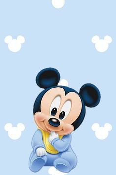 a cartoon mickey mouse sitting on top of a cloud filled blue sky with clouds in the background