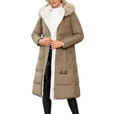 Brown Slim Fit Thick Down Jacket Long Coat Khaki Long Sleeve Winter Puffer Jacket, Khaki Puffer Jacket For Cold Weather In Fall, Fall Khaki Puffer Jacket For Cold Weather, Fitted Beige Winter Outerwear, Khaki Long Sleeve Winter Outerwear, Hooded Winter Outerwear For Work, Winter Khaki Outerwear With Padded Collar, Winter Workwear Parka With Long Sleeves, Beige Long Coat For Cold Weather