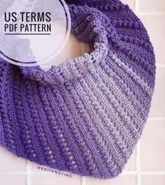 a purple and white knitted scarf with text overlay that reads, us items ppf pattern