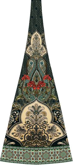 an ornate neck tie with red flowers on it