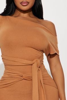 Available In Camel And Olive. Tie Front Midi Dress Off shoulder Short sleeves Tie waist Stretch Length = 47" 68% Polyester 28% Rayon 4% Spandex Imported | Odessa Tie Front Midi Dress in Camel size XS by Fashion Nova Midi Dress Off Shoulder, Olive Tie, Dress Off Shoulder, Odessa, Fashion Nova, Camel, Off Shoulder, Short Sleeves, Midi Dress