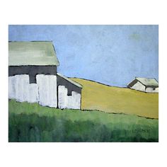 a painting of two barns on a hill with grass and blue sky in the background