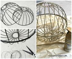 four pictures showing how to make wire pumpkins with scissors and glue on the table