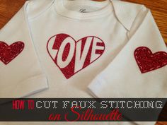 two white shirts with red sequins on them and the words love written in large letters