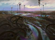 an artistic painting with lots of strange looking plants and flowers in the water at sunset