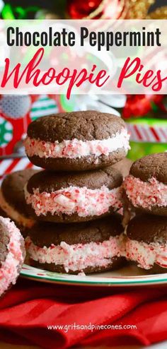 chocolate peppermint whoopie pies on a plate with candy canes