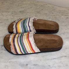 Nwt Aeropostale Slide Sandals Size 8 Red Yellow Green Orange Cream Stripe Cork Soles Never Worn Casual Rainbow Round Toe Sandals, Casual Rainbow Sandals For The Beach, Casual Rainbow Open Toe Sandals, Casual Rainbow Sandals, Casual Rainbow Sandals For Spring, Orange Cream, Aeropostale, Red Yellow, Slide Sandals