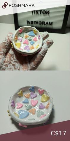 two pictures with hearts on them, one has a plate and the other has a bowl