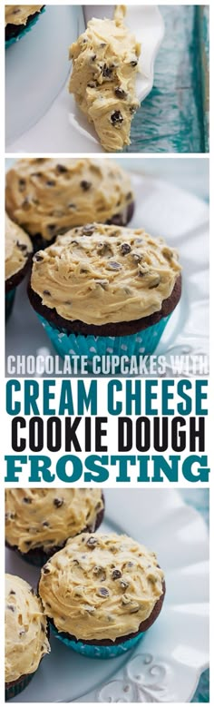 chocolate cupcakes with cream cheese and cookie dough frosting on top are shown