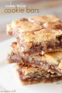 three pieces of cake mix cookie bars stacked on top of each other