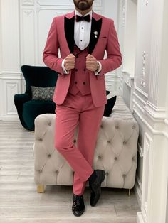 Bojoni Tishko Pink Velvet Slim Fit Tuxedo | BOJONI Tuxedo Suit For Men, Peak Lapel Tuxedo, Cool Tuxedos, Pink Tuxedo, Tuxedo Colors, Prom Suits For Men, Shoe Care Kit, Pants Gift, Slim Fit Tuxedo