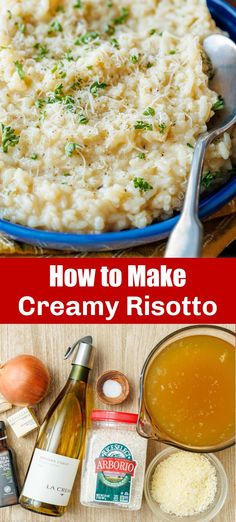 Follow this technique for how to cook risotto to make the best creamy parmesan risotto which you can modify in so many ways with various add-ins or toppings. Herb Risotto Recipes, Garlic Parm Risotto, Cheesy Rositto, Parmasean Risotto Recipes, Rice Arborio Recipes, Creamy Risotto Recipes Parmesan, Plain Risotto Recipes, Italian Style Rice Recipes