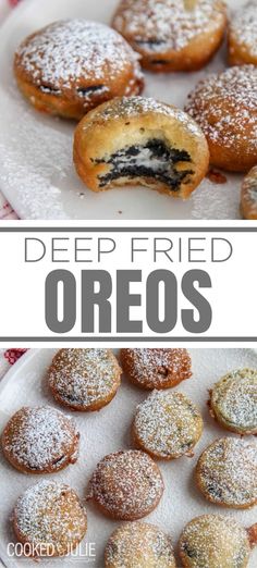 deep fried oreos on a plate with powdered sugar