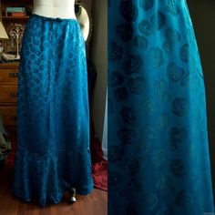 "LUCIA - Vintage Handmade Teal Silk Brocade Skirt  This is a unique stunning garment, a handmade Skirt made of luxurious Satin Silk Brocade in a deep Teal Blue Colour with a Floral Pattern that shimmers in the light. This exquisite skirt has a full length, a slightly tailored waist with a beautiful attached waistband which turns into a ribbon on the back, and will be put in place with a hook and eye fastening. There is a deep zip at the back too for closure. The whole skirt follows the shape of Fitted Blue Maxi Skirt For Festival, Fitted Full Length Blue Skirt, Fitted Vintage Blue Skirt, Blue Fitted Skirt For Festival, Mermaid Look, Red Velvet Top, Maxi Skirt Blue, Brocade Skirt, Handmade Skirts