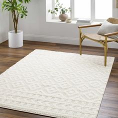 a white rug in a living room with a chair and potted plant