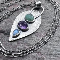 Chrysoprase, Amethyst, and Rainbow Moonstone Sterling Silver Necklace – Wise Handmade Jewelry Diy Jewelry Pendants, Bezel Set Necklace, Rainbow Moonstone Jewelry, Hand Pendant, Handmade Pendant Necklace, Silver Pearl Necklace, Sterling Silver Chain Necklace, Cabochon Jewelry, Cabochon Pendant