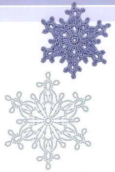 two crocheted snowflakes sitting next to each other