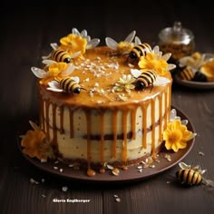 the cake is decorated with honey and flowers