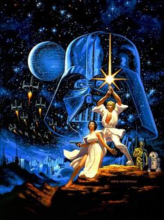 a painting of two people in front of a star wars scene